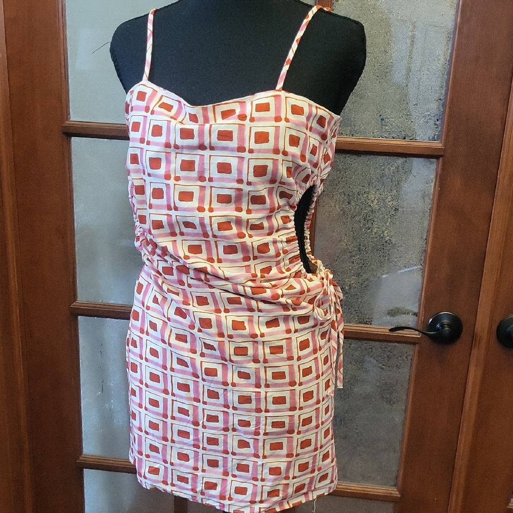 Zara Backless Dress with Red and Orange Geometric Pattern